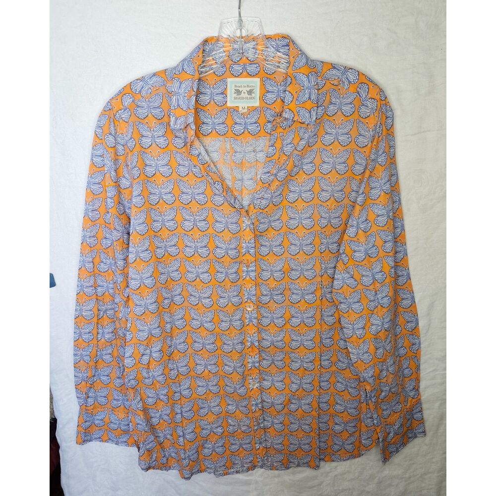 SIGRID OLSEN Beach to Bistro Butterfly Button Down Shirt Size Medium Vintage